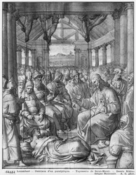 Life of Christ, Jesus helbreder en lam i Kapernaum, forberedende undersøgelse af billedtæppetegneserie for kirken Saint-Merri i Paris, ca. 1585-90 (pierre noire und wash und white highlights on paper)